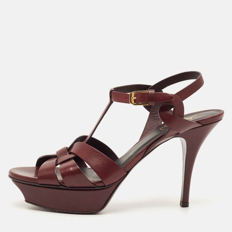 Saint Laurent Tribute Size 39 Burgundy Leather Ankle Strap Sandals